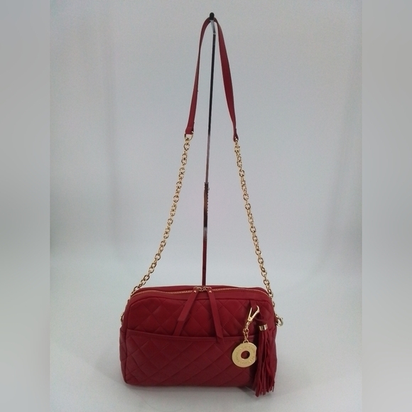 Isaac Mizrahi Handbags - ISAAC Mizrahi RED Quilted Leather Crossbody Handbag Tan Chain Strap Shoulder Bag